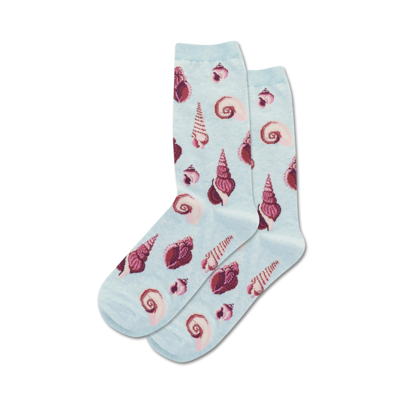 Light blue socks with shell pattern on a white background