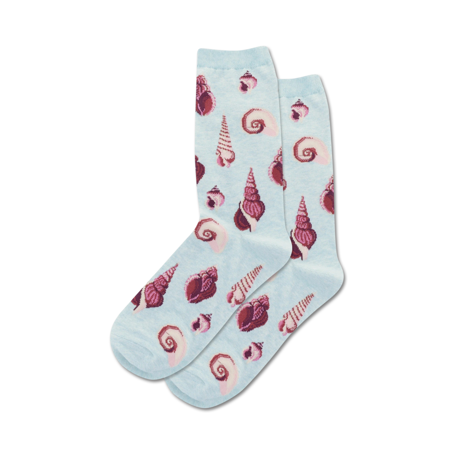 Light blue socks with shell pattern on a white background