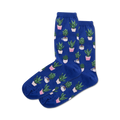 Pair of blue crew socks with a repeating pattern of potted succulents in pink and green pots.