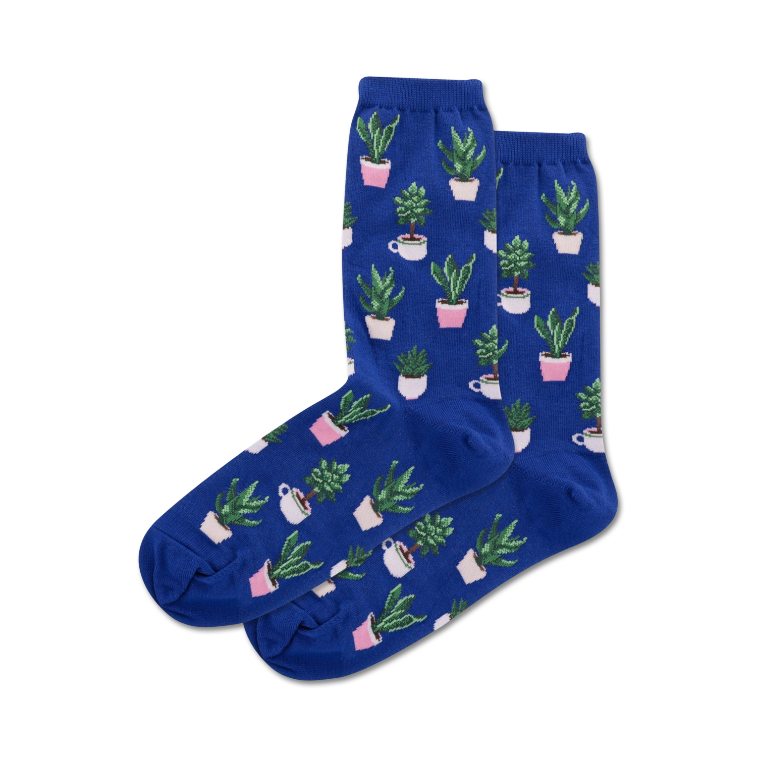 Pair of blue crew socks with a repeating pattern of potted succulents in pink and green pots.