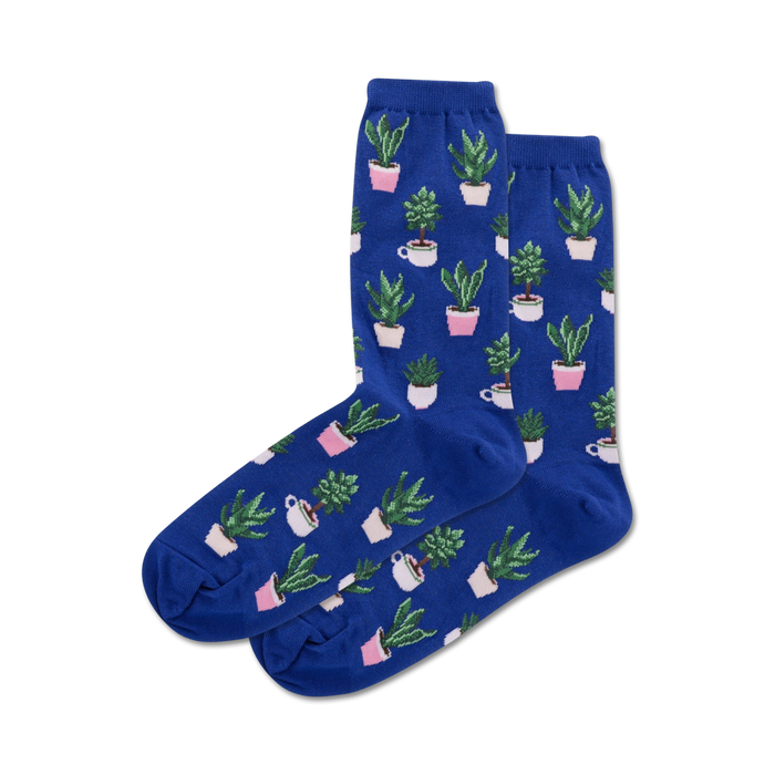 blue crew socks for women with all-over pattern of green potted plants in pink pots   