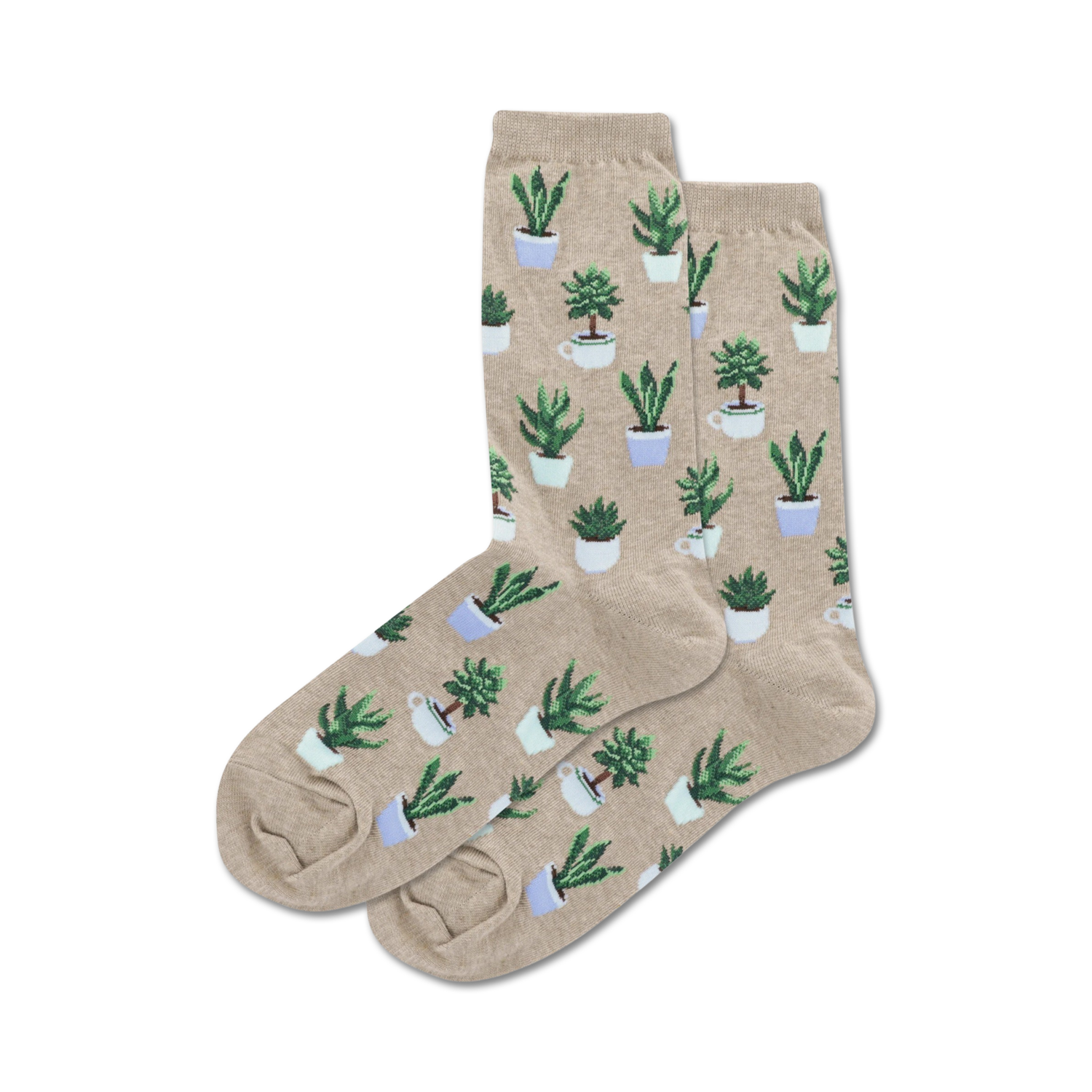 Lifestyle shot showing the beige Potted Succulents socks on a person's feet.