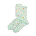 Pair of mint green crew socks with a scattered white daisy pattern.  Orange centers add a pop of color.