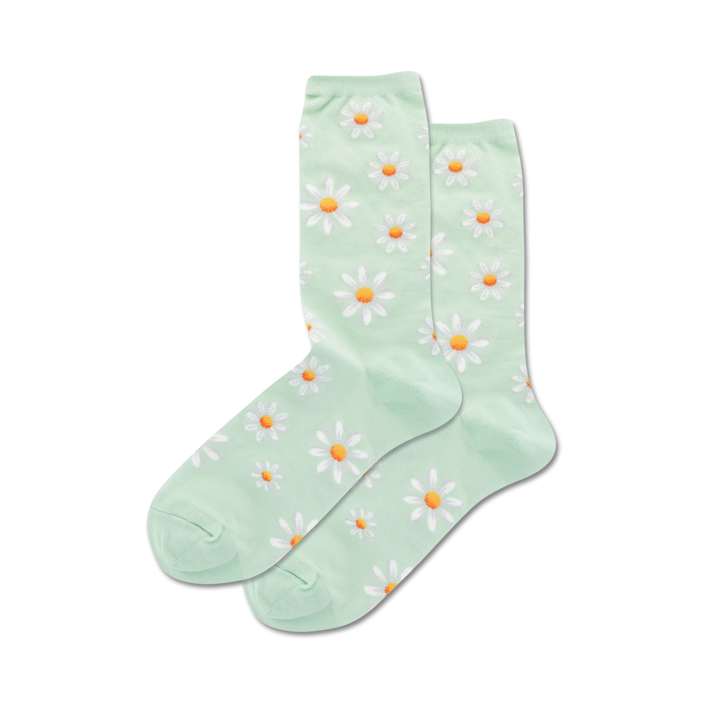 Pair of mint green crew socks with a scattered white daisy pattern.  Orange centers add a pop of color.
