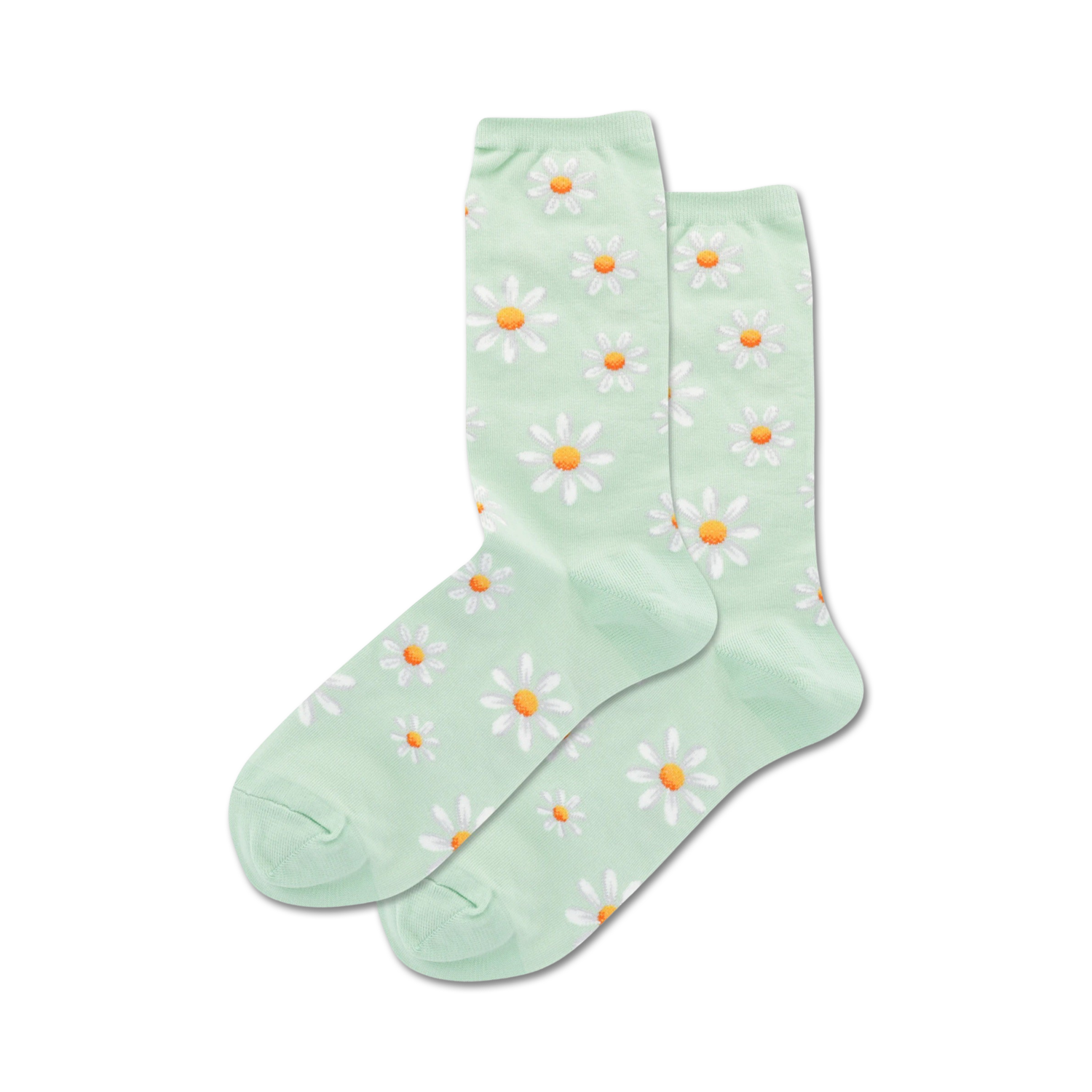 Pair of mint green crew socks with a scattered white daisy pattern.  Orange centers add a pop of color.