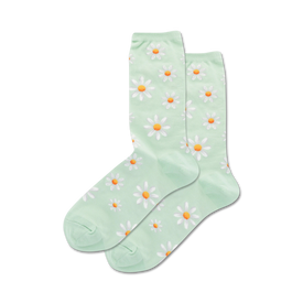 light green crew socks with white and yellow daisy design made for women.  
