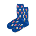 Pair of blue crew socks with a repeating pattern of pink and white ice cream cones.