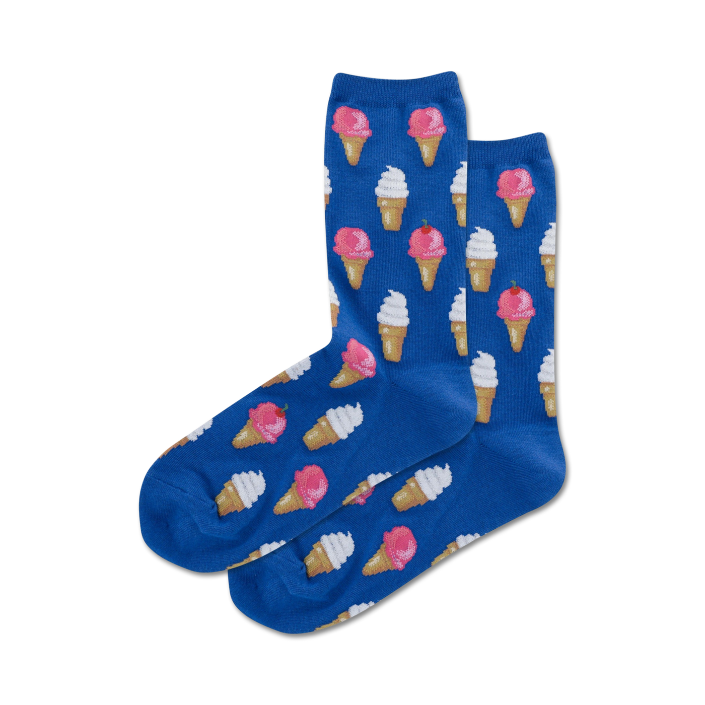 Pair of blue crew socks with a repeating pattern of pink and white ice cream cones.