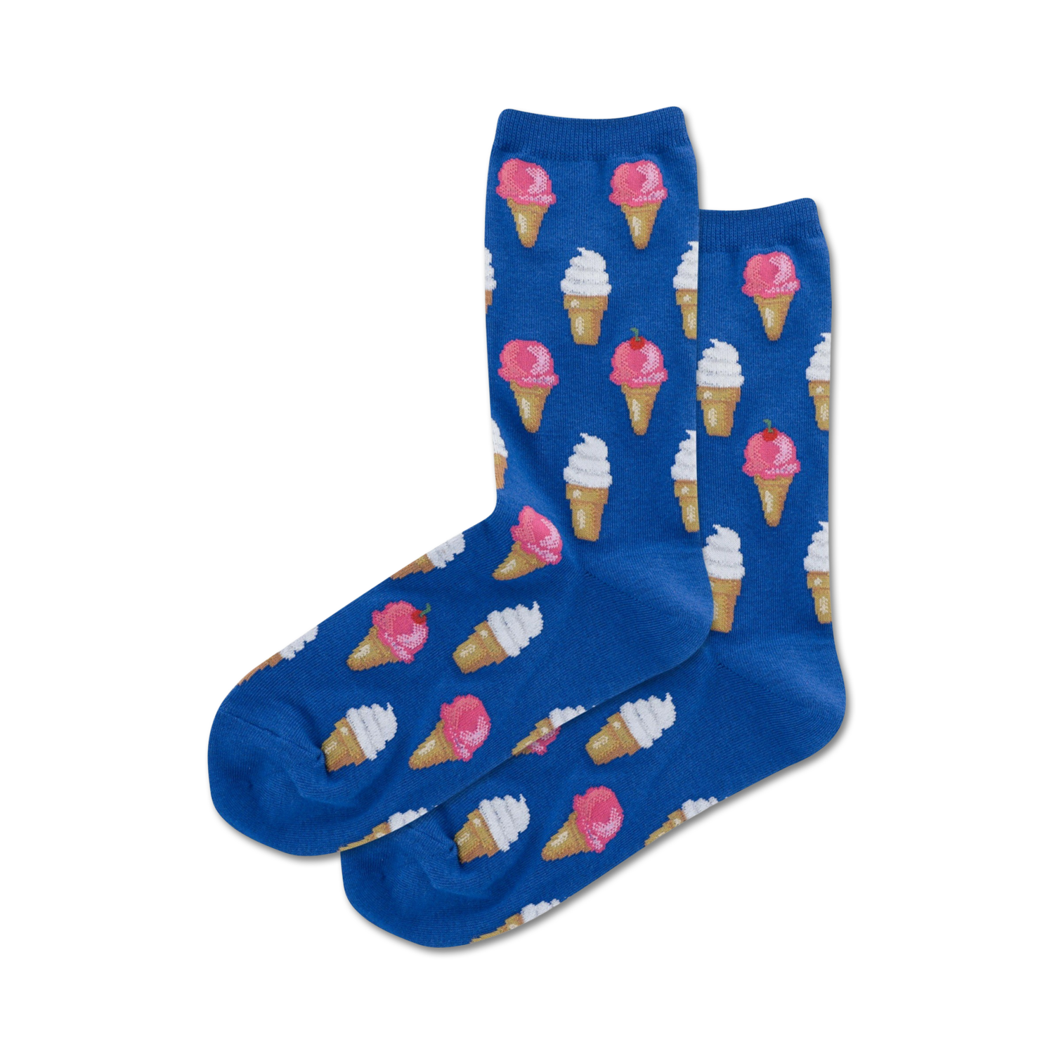 Pair of blue crew socks with a repeating pattern of pink and white ice cream cones.