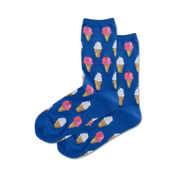 women's blue crew socks feature a repeating pink ice cream cone pattern with white ice cream.   