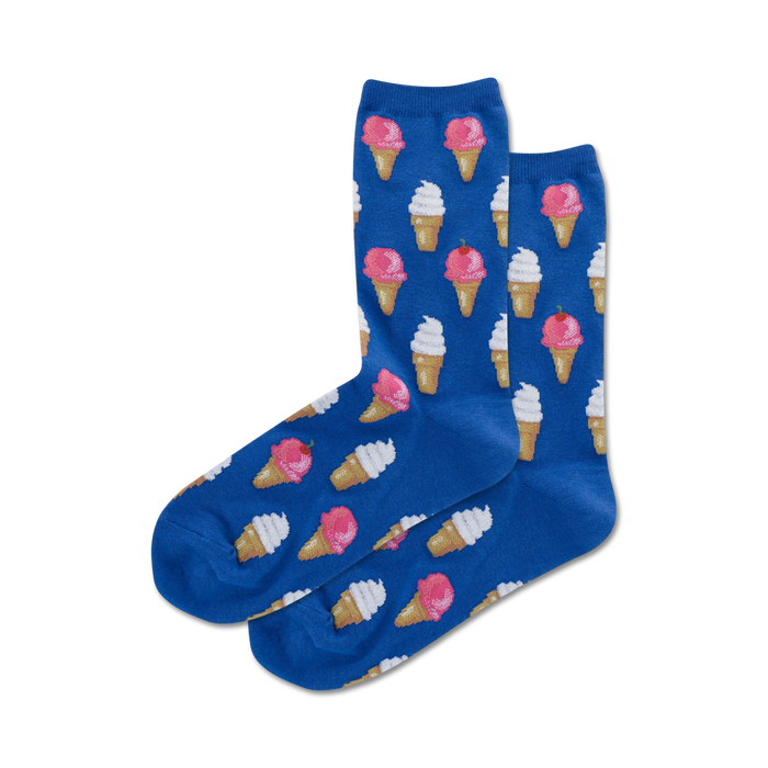 women's blue crew socks feature a repeating pink ice cream cone pattern with white ice cream.   