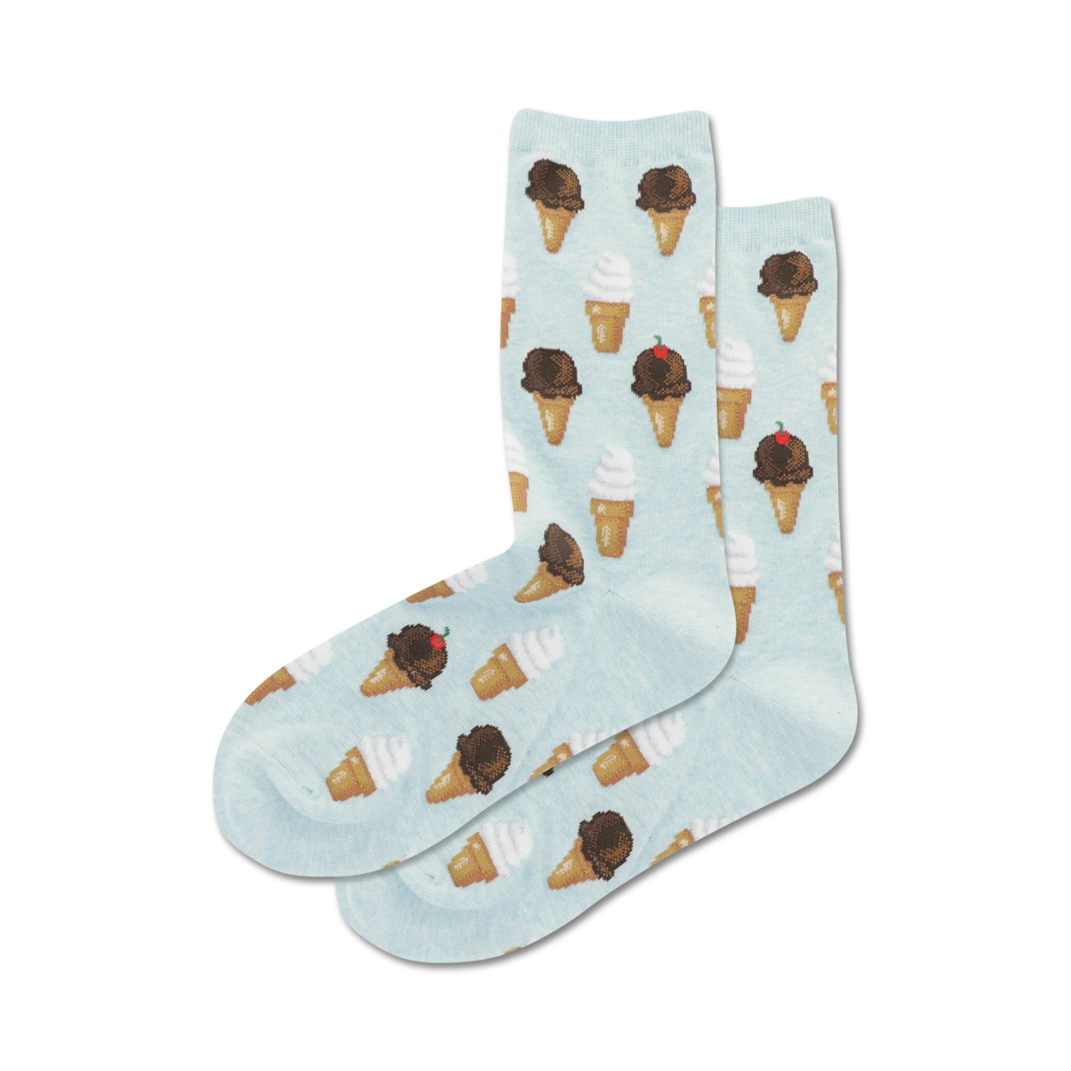 Lifestyle shot showing a person's feet wearing the light blue ice cream cone socks.