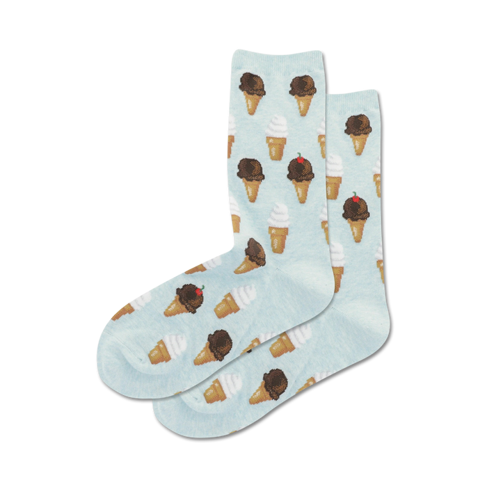 chocolate and vanilla ice cream cone pattern socks for women with the vanilla topped with a red cherry. crew length.  