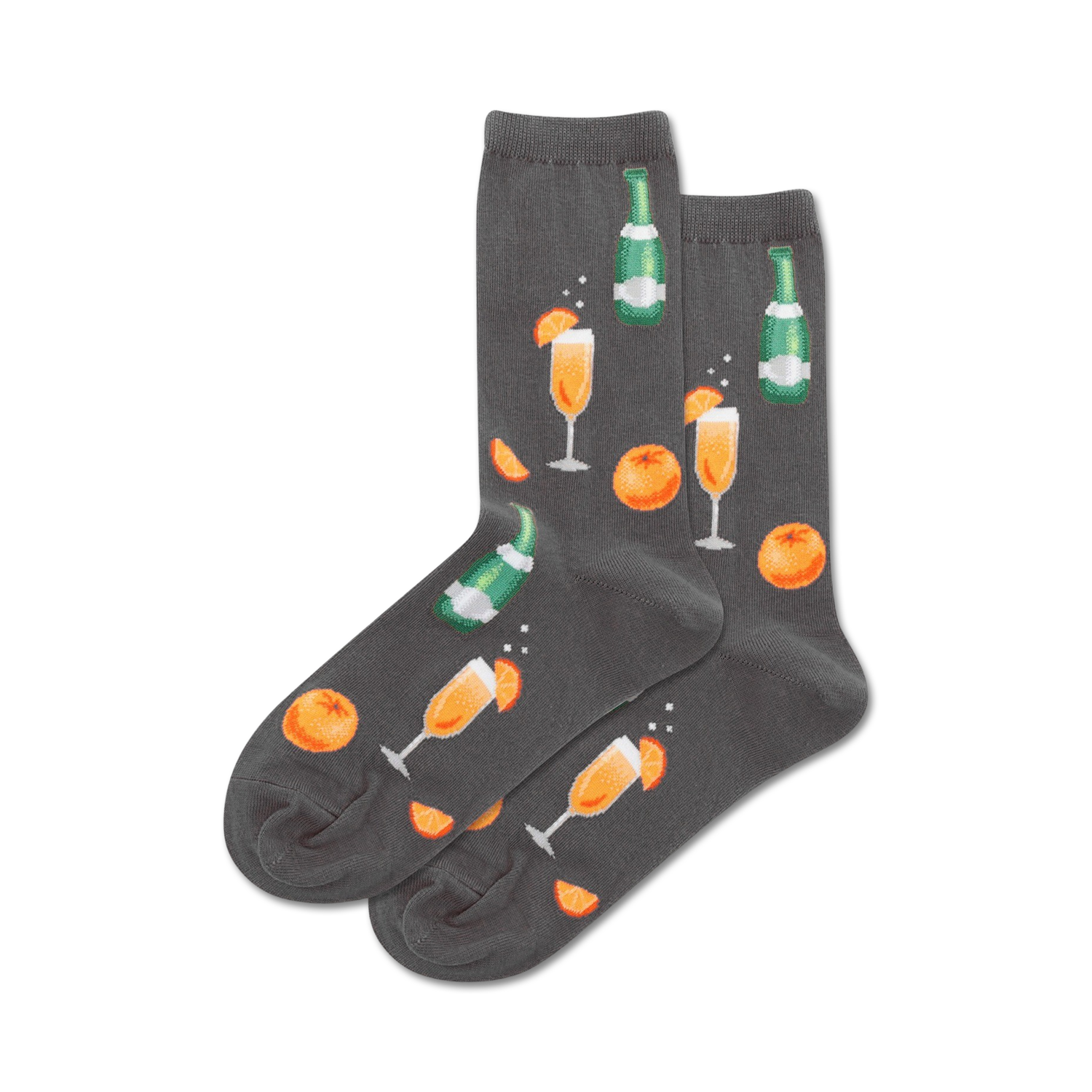 Pair of crew socks featuring a mimosa and orange print. Available in grey and coral.