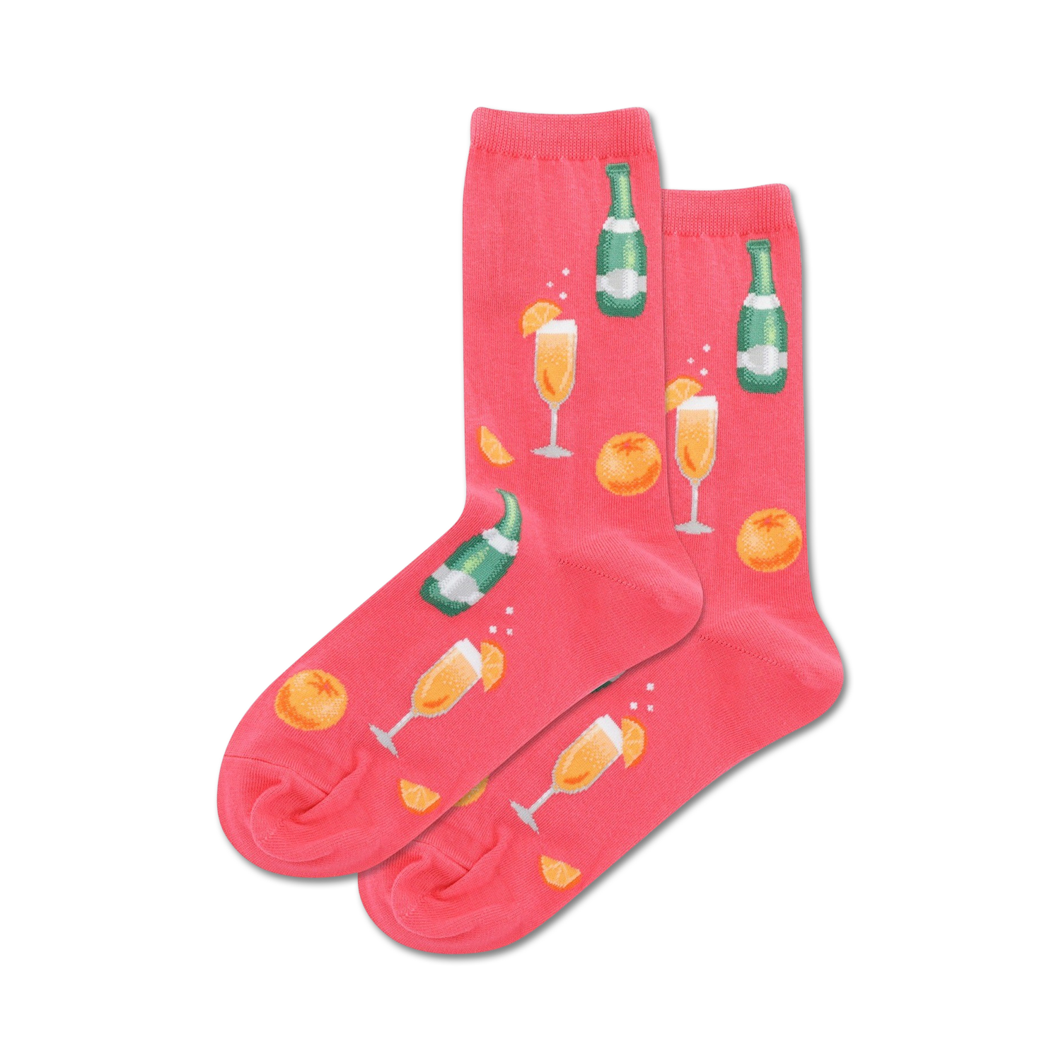 Lifestyle shot of the coral Mimosa socks on a model's feet.