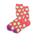 Pair of crew socks; coral pink with lime slices and purple heel and toe; orange socks in light blue with orange slices and mint green heel and toe.