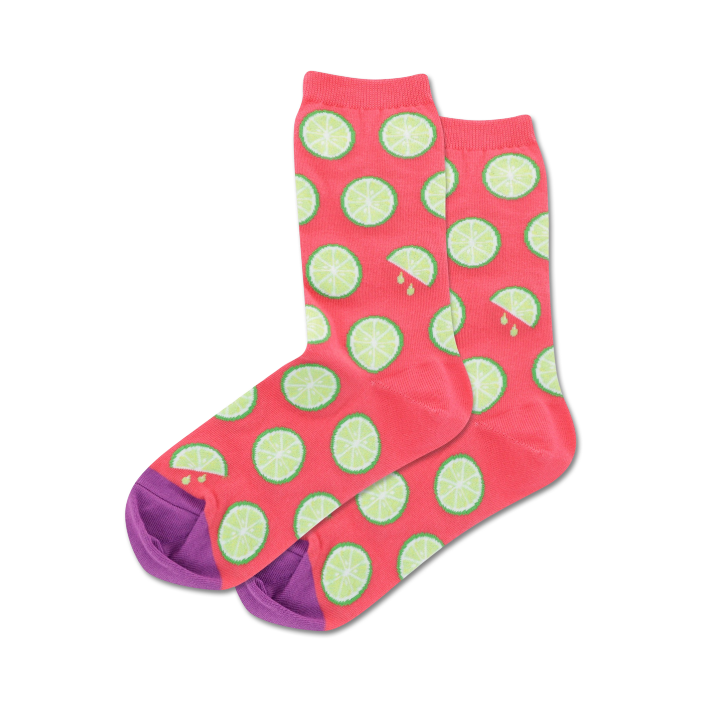 Pair of crew socks; coral pink with lime slices and purple heel and toe; orange socks in light blue with orange slices and mint green heel and toe.