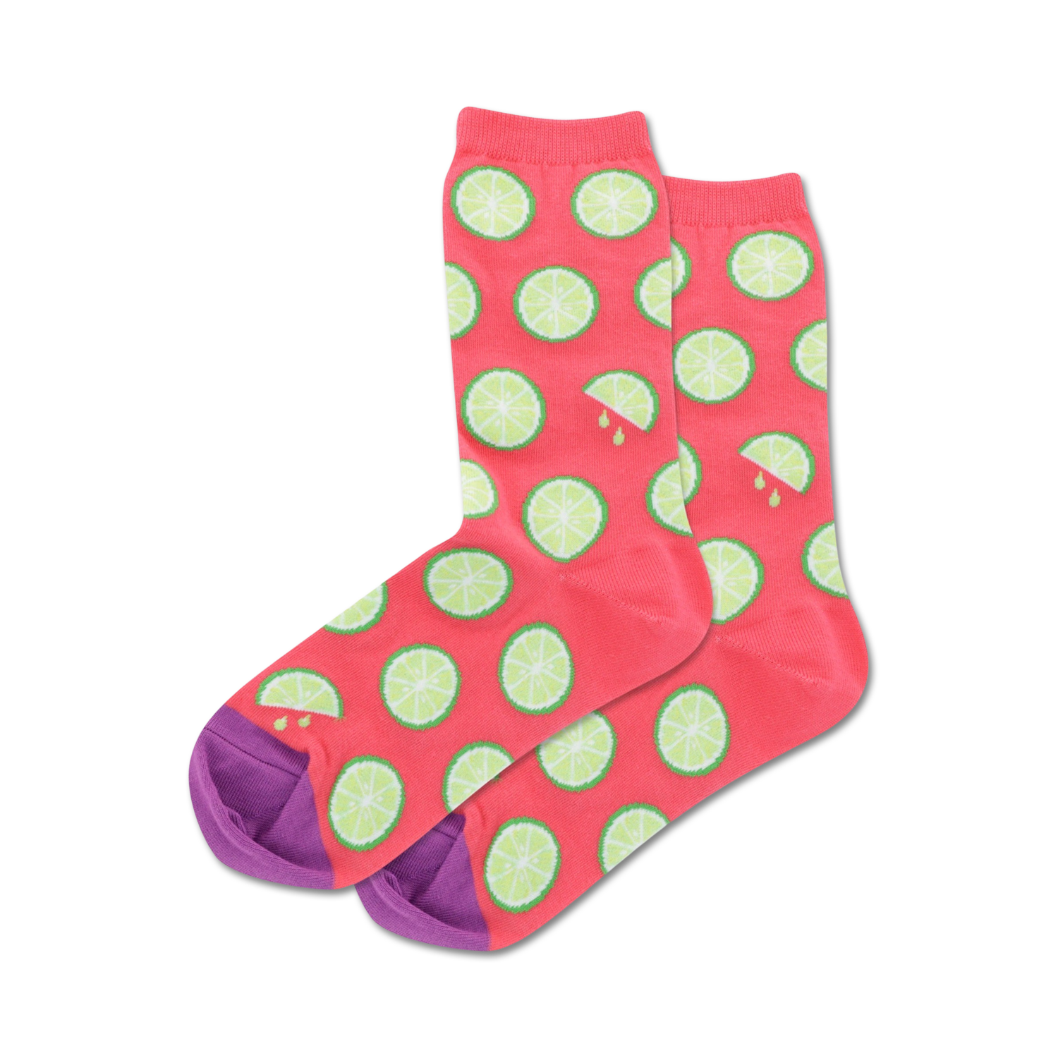 Pair of crew socks; coral pink with lime slices and purple heel and toe; orange socks in light blue with orange slices and mint green heel and toe.