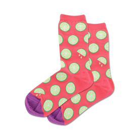 citrus-patterned, pink, and green mid-calf women's crew socks.  