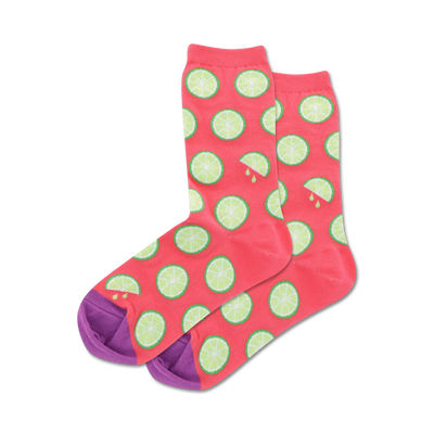 citrus-patterned, pink, and green mid-calf women's crew socks.  