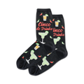 Pair of black crew socks with a fun Cinco de Mayo design. Features margaritas, chili peppers, and the phrase 'Cinco de Drinko'.