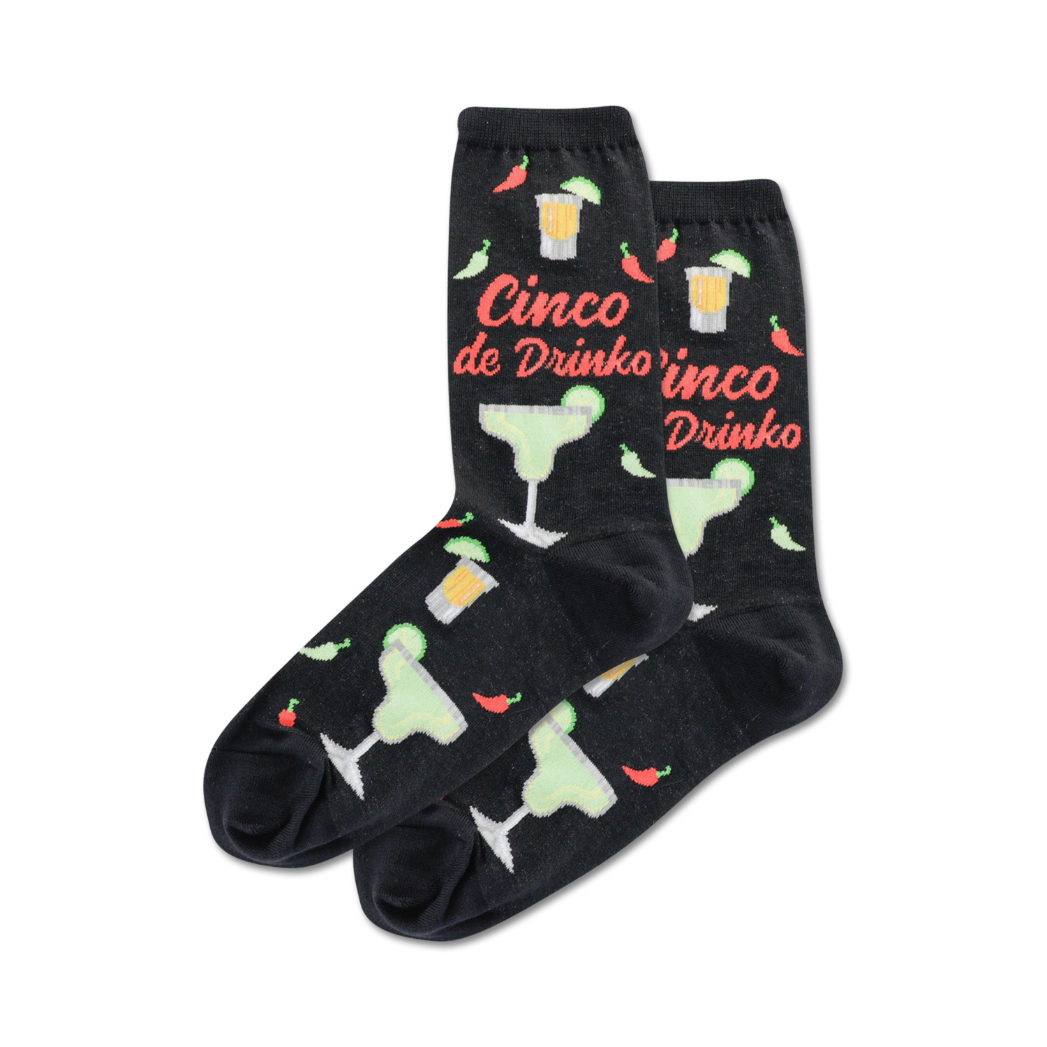 Pair of black crew socks with a fun Cinco de Mayo design. Features margaritas, chili peppers, and the phrase 'Cinco de Drinko'.