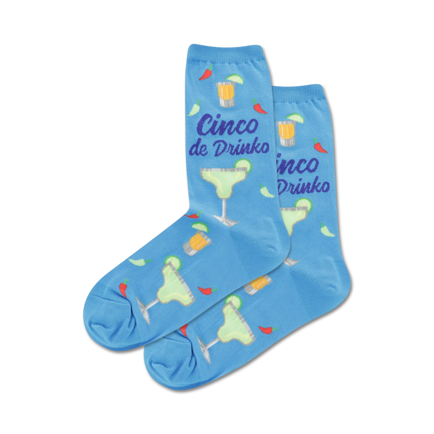Lifestyle shot showing the light blue 'Cinco de Drinko' crew socks. The model is not visible.