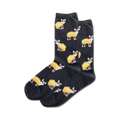 Pair of black crew socks with repeating pattern of brown dogs dressed as tacos.