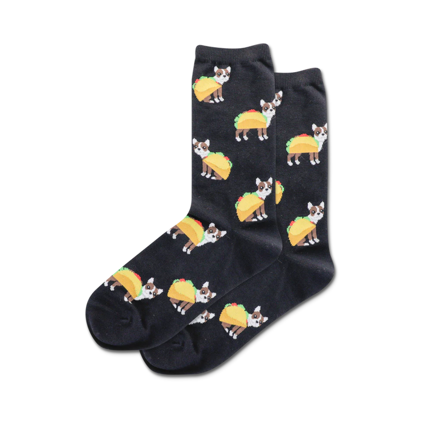 Pair of black crew socks with repeating pattern of brown dogs dressed as tacos.