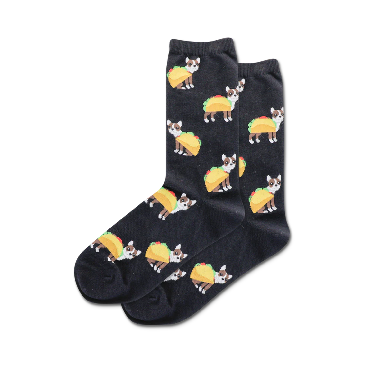 Pair of black crew socks with repeating pattern of brown dogs dressed as tacos.
