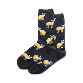 womens black crew socks with cartoon tacos and terrier dogs.  