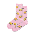 Lifestyle shot showing the pink Taco Terrier socks on a model's feet.