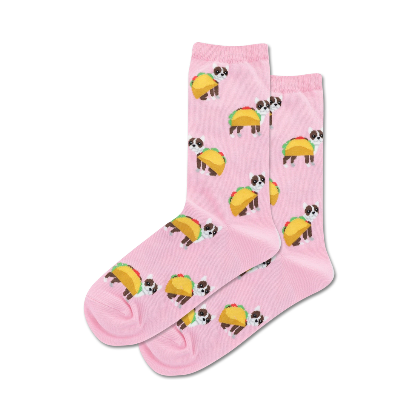 Lifestyle shot showing the pink Taco Terrier socks on a model's feet.