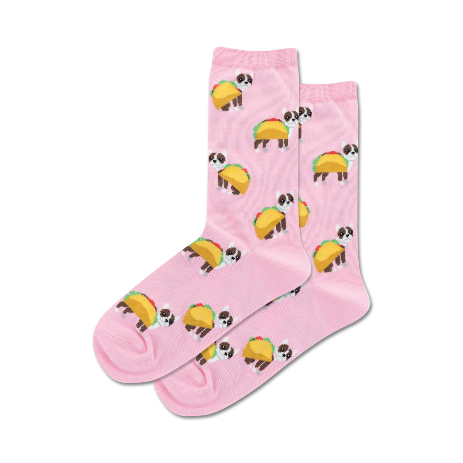 Lifestyle shot showing the pink Taco Terrier socks on a model's feet.