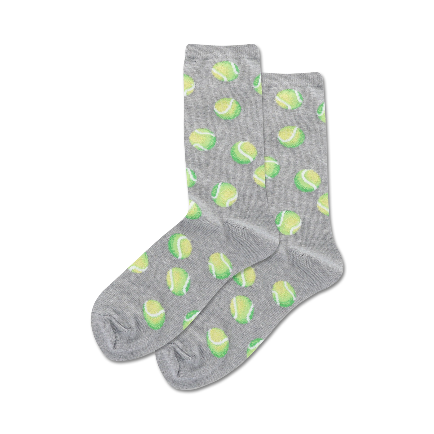 Pair of crew socks with a tennis ball print.  Available in grey and pink.