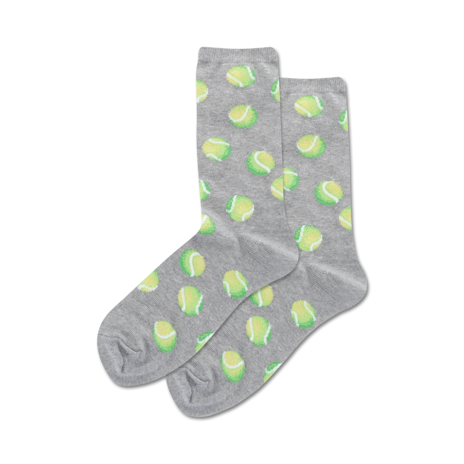 Pair of crew socks with a tennis ball print.  Available in grey and pink.