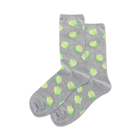 gray crew socks with neon green tennis ball pattern for women.  