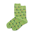 Pair of lime green crew socks with repeating pattern of golf putting greens, flags, and golf balls. Fun, colorful design!