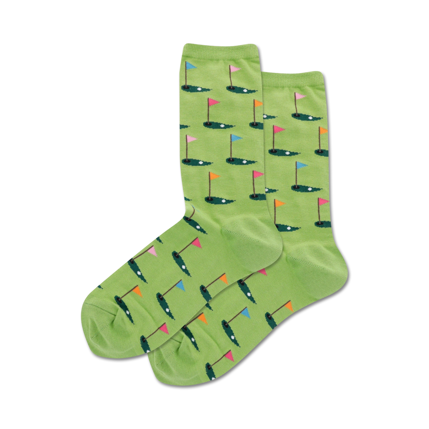 Pair of lime green crew socks with repeating pattern of golf putting greens, flags, and golf balls. Fun, colorful design!