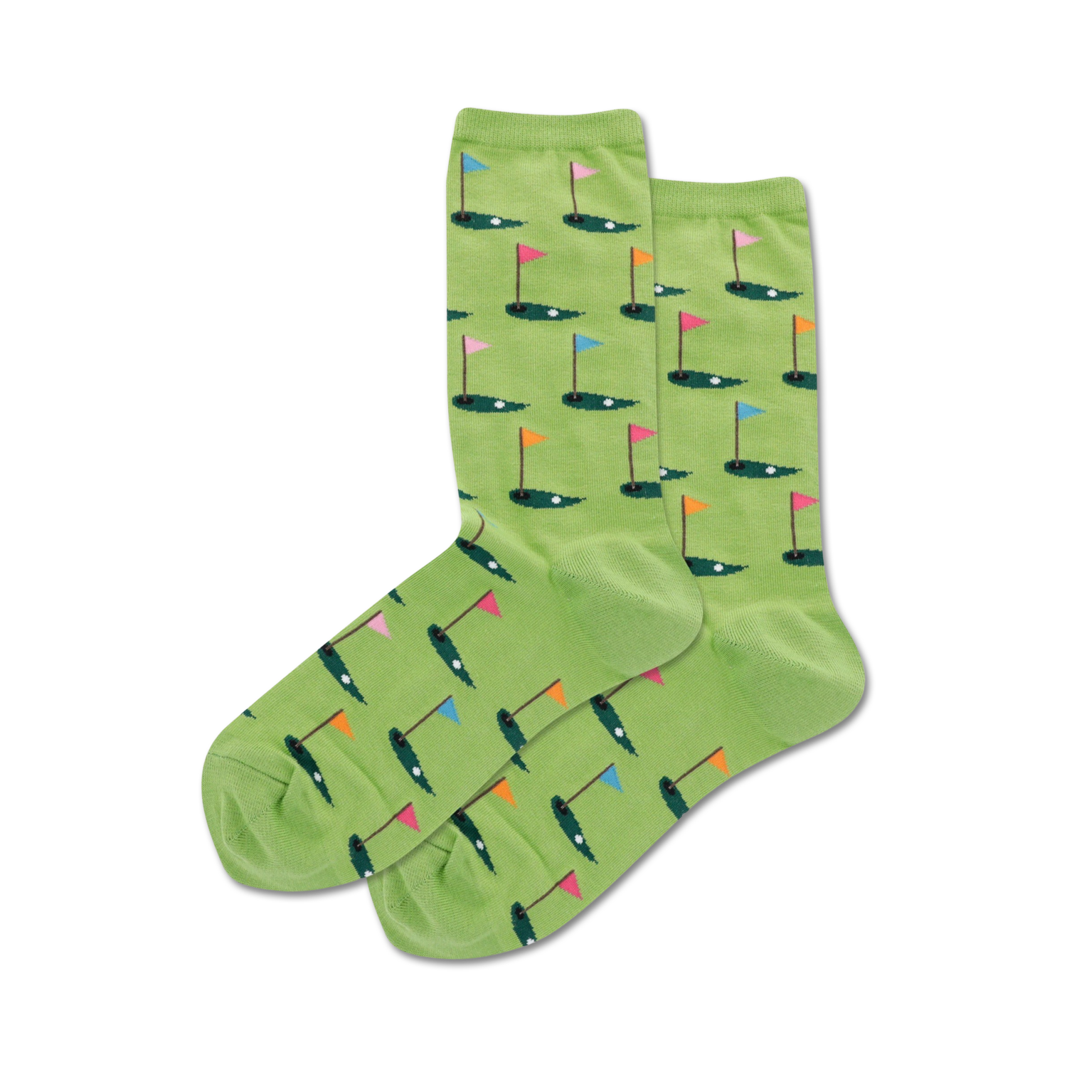 Pair of lime green crew socks with repeating pattern of golf putting greens, flags, and golf balls. Fun, colorful design!