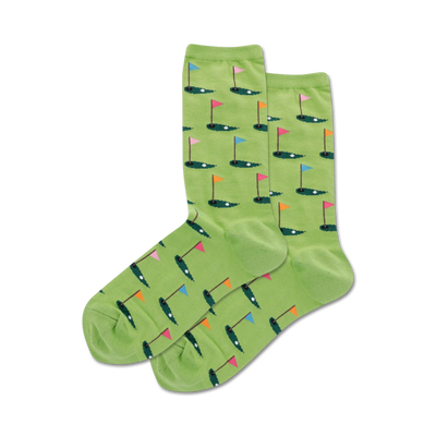 womens green golf ball and flag pattern crew socks.  