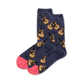 Pair of crew socks in navy blue and grey featuring a pattern of acoustic guitars and small dots.  The toes are a contrasting pink and blue.