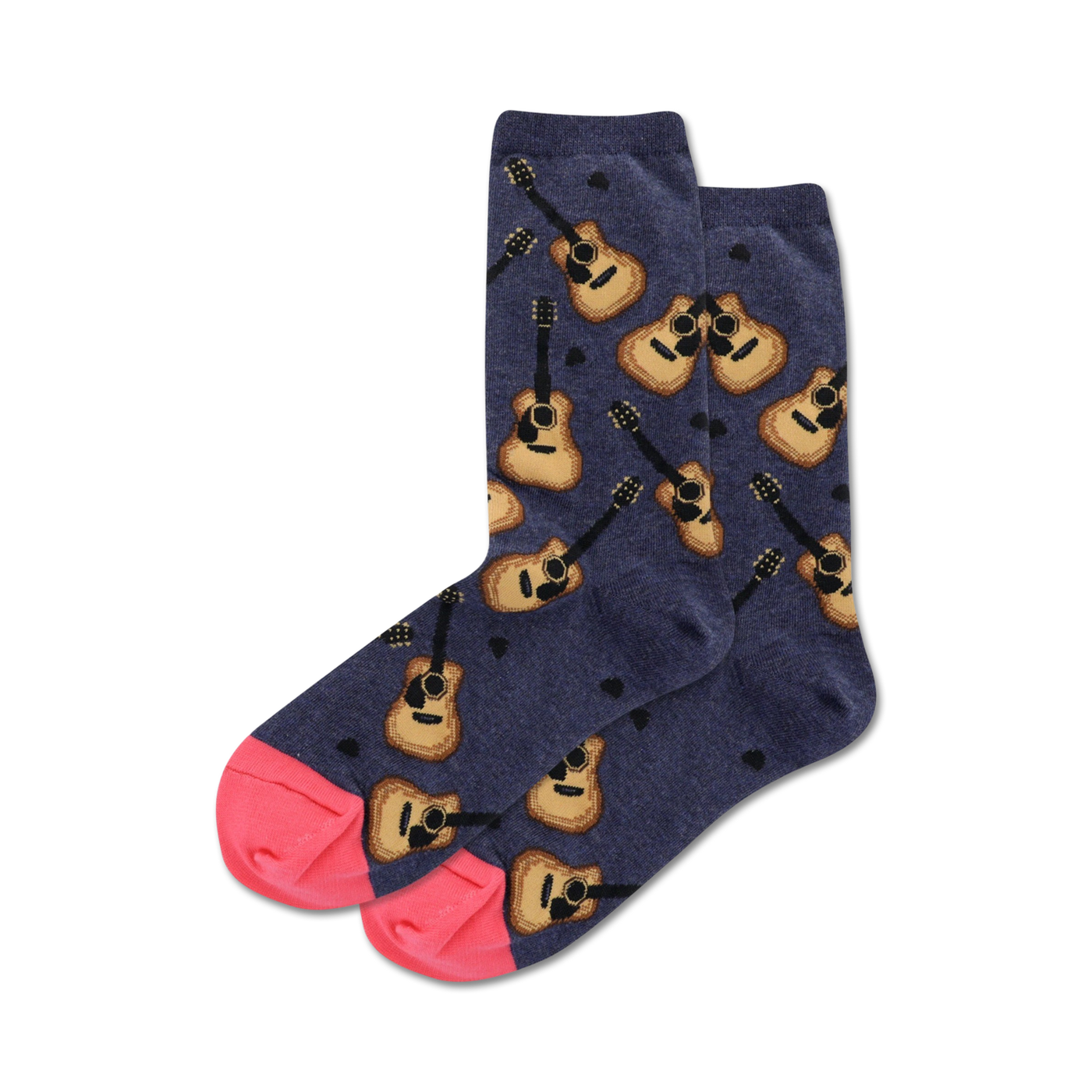 Pair of crew socks in navy blue and grey featuring a pattern of acoustic guitars and small dots.  The toes are a contrasting pink and blue.