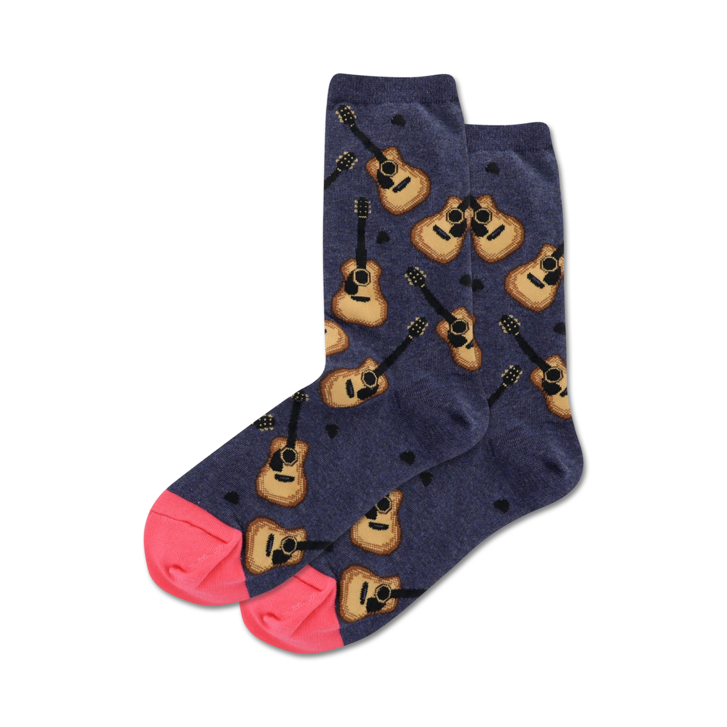Pair of crew socks in navy blue and grey featuring a pattern of acoustic guitars and small dots.  The toes are a contrasting pink and blue.
