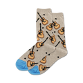 Close-up view of a pair of grey crew socks with acoustic guitar and dot pattern.  The toes are light blue.