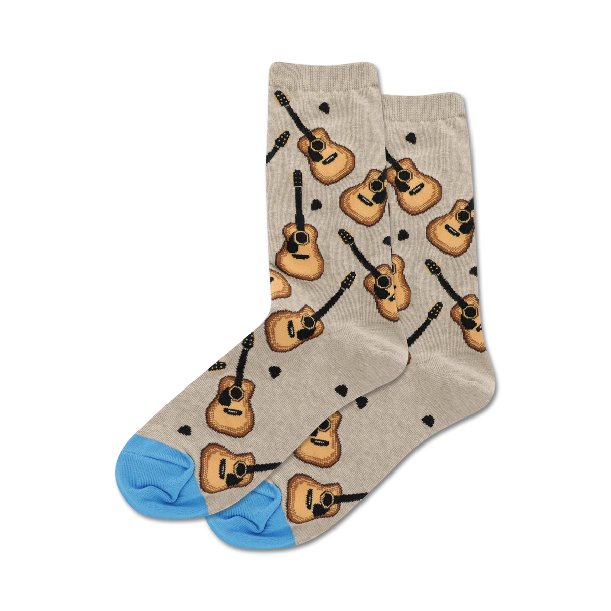 Close-up view of a pair of grey crew socks with acoustic guitar and dot pattern.  The toes are light blue.