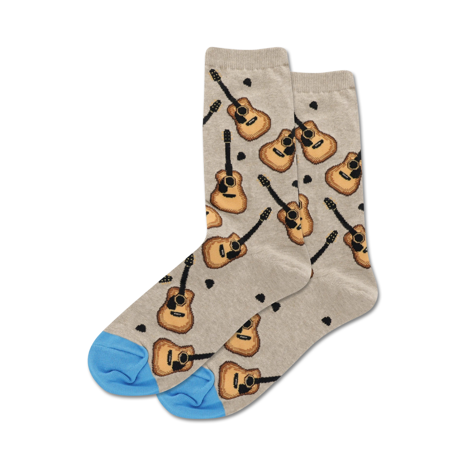 Close-up view of a pair of grey crew socks with acoustic guitar and dot pattern.  The toes are light blue.