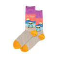 Crew socks in grey with orange toes and heels. The top features a purple, pink, and coral sunset design, a teal VW bus, and 'San Diego' text.