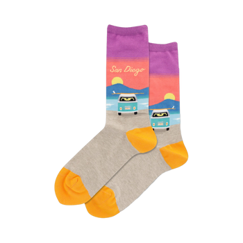 Crew socks in grey with orange toes and heels. The top features a purple, pink, and coral sunset design, a teal VW bus, and 'San Diego' text.