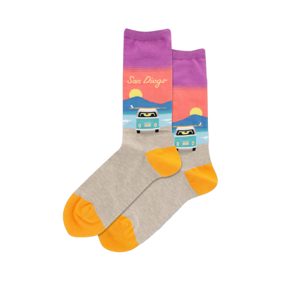 Crew socks in grey with orange toes and heels. The top features a purple, pink, and coral sunset design, a teal VW bus, and 'San Diego' text.